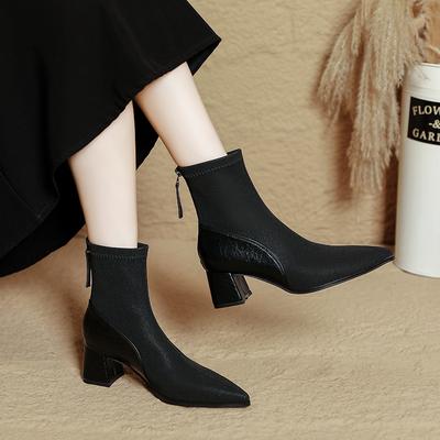 Pointed Short Boots Women's Thick Heel New Autumn and Winter Soft Leather High Heel Thin Boots Medium Boots Small Short Boots
