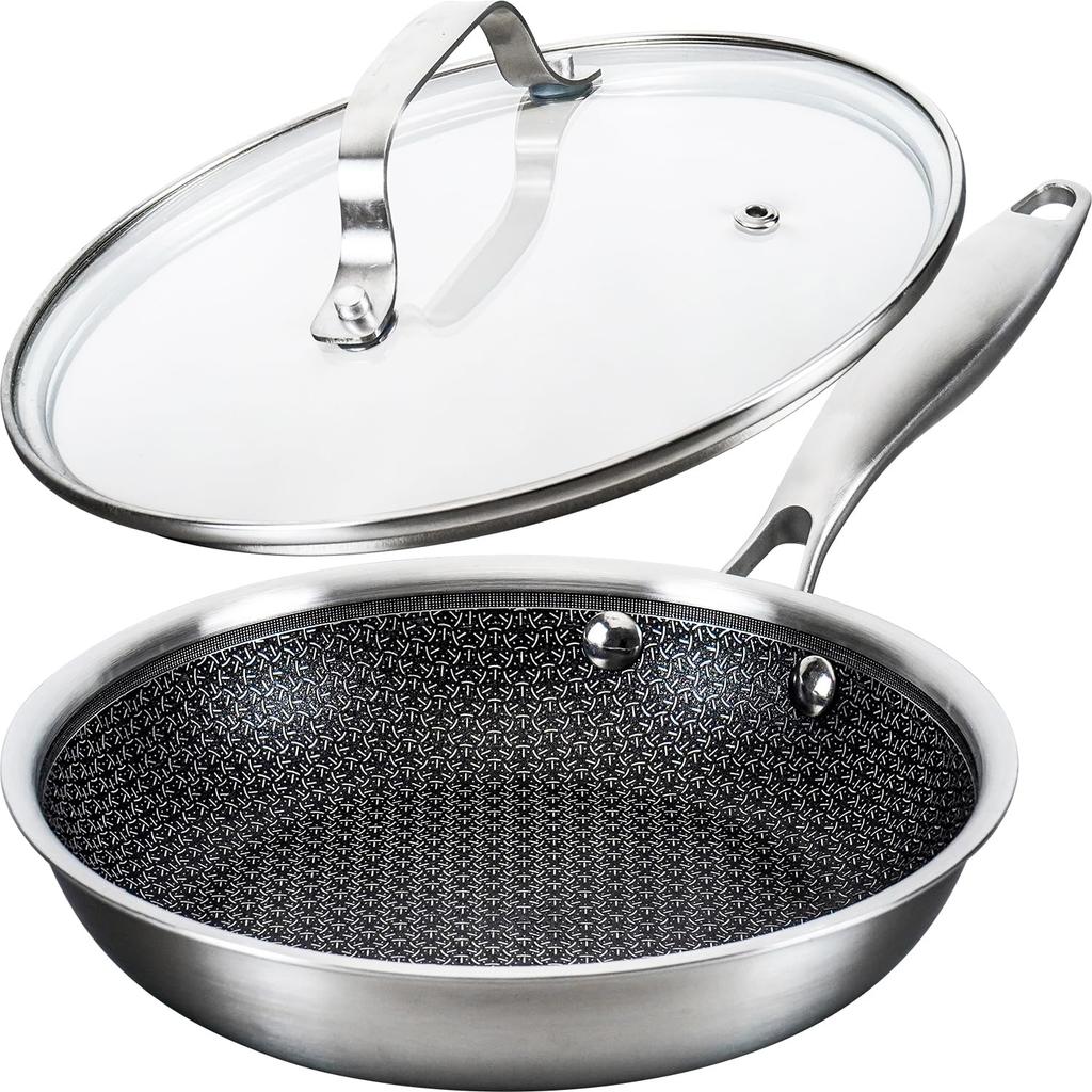 Wahei freiz Home Cooking Hybrid Frying Pan Stainless Steel Even Maillard Glass Lid Cookdeli 20cm, IH/Gas/Oven Compatible, PFOA-Free,
