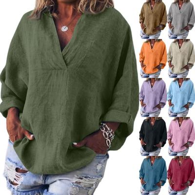 Women's Fashion Casual V Neck Long Sleeve Pullover Top Linen Cotton Blend