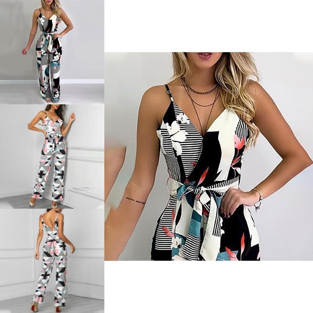 Elegant Multicolor Women Strappy Wide Leg Long Playsuit With V-neck Design