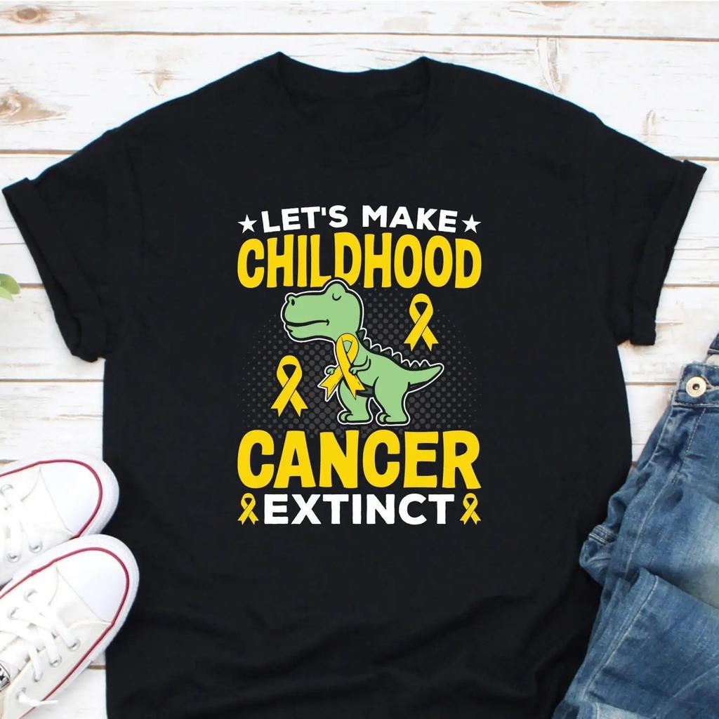 Lets Make Childhood Cancer Extinct Dinosaur T Shirt Awareness Gold Ribbon Cute Dino Kids GifT vintage Washed Breathable