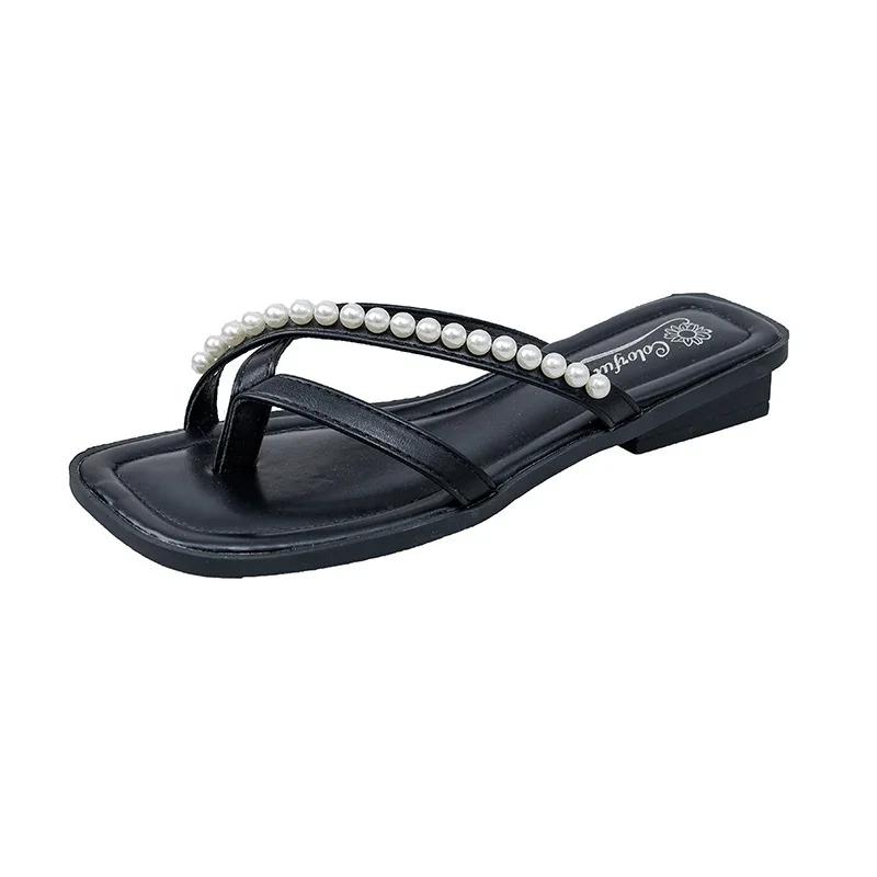 Fashion Pearl Flip Flops for Women Beaded Women Flats Clip Toe Slippers 2024 Summer New Square Toe Slides Cozy Zapatos De Mujer
