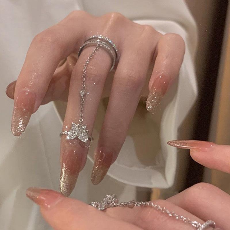 Trendy Personality Double Finger Chain Rings For Women Girls Tassel Butterfly Punk Rings Ladies Fashion Hip Hop Jewelry Gifts
