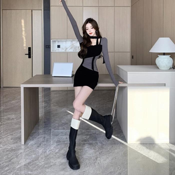 

Pure desire Spice Girl splicing contrasting color dress women s autumn and winter new niche design sense slim hip short skirt S чёрный