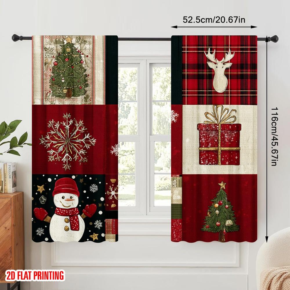 2pcs,2D Plane Printing Curtain Popular Christmas Patchwork Durable Polyester (without Rod) Gifts for Bedroom, Kitchen, Office &