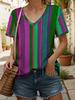 New Colorful Plaid Patchwork 3D Print T-Shirts Women's V-Neck Short Sleeve T Shirt Y2k Harajuku Tees Casual Tops Female Clothing