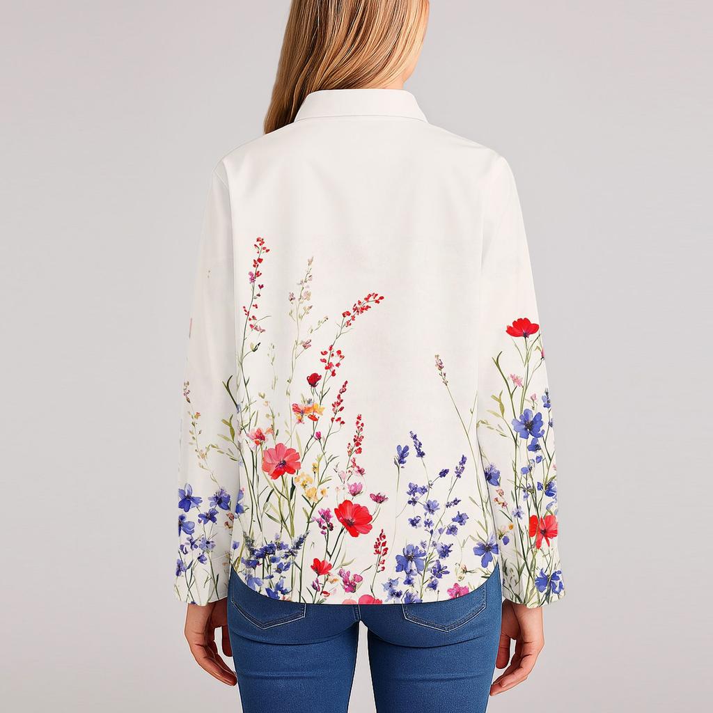 Kadın Gömlek Çiçek Baskılı Düğmeli Uzun Kollu Günlük Normal Gömlek Bluzlar Günlük Büyük Beden Temel Üstler