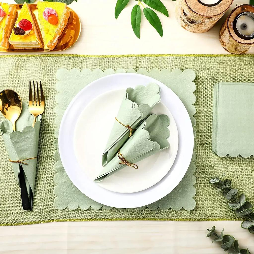 50PCS Scalloped Sage Cocktail Napkins Disposable Paper Tissue Party Napkin Beverage Towels for Wedding Birthday Christmas Supply