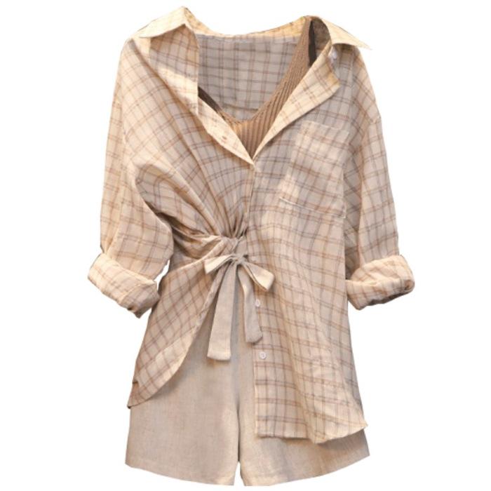Gilet da abito casual estivo da ufficio da donna + Camicia a quadri + Pantaloncini Set due pezzi