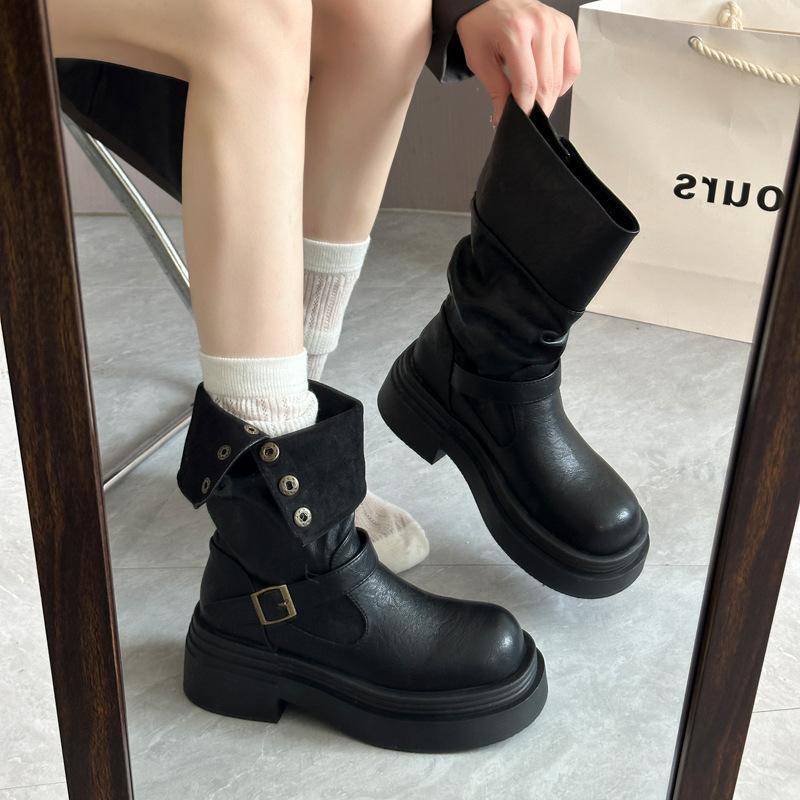 Brown retro British style thick heel platform boots women's 2025 new autumn and winter thin boots knight boots