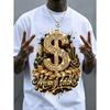 Men's Money Talk Dollar Sign Print T-Shirt, Shiny Golden Hip Hop Urban Pattern Streetwear Crew Neck Short Sleeve Top