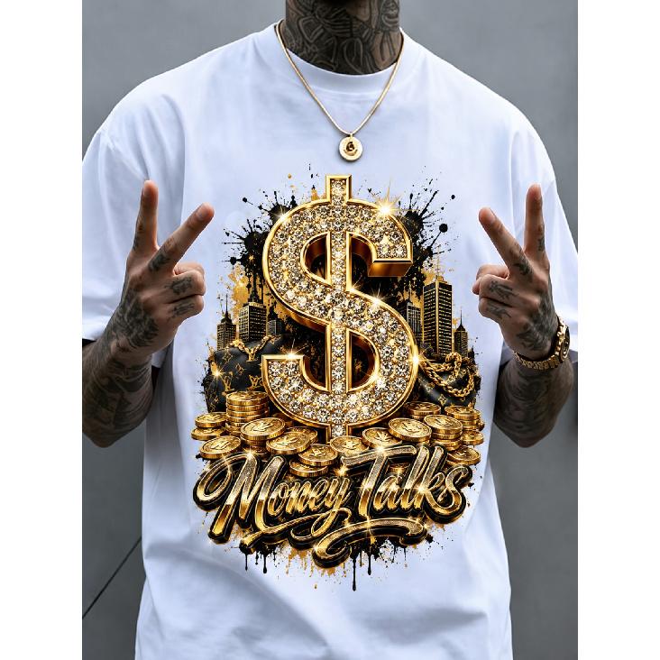 Men's Money Talk Dollar Sign Print T-Shirt, Shiny Golden Hip Hop Urban Pattern Streetwear Crew Neck Short Sleeve Top