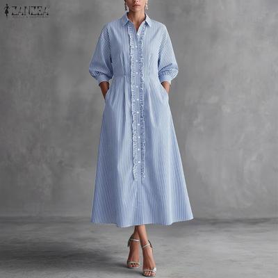 Womens Casual Lapel Neck Long Sleeve Button Down Ruffles A Line Striped Shirt Dress