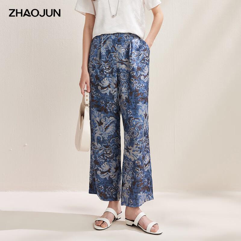 Women s New Chinese Style Silk Blend Blue & White Porcelain Print Straight-Leg Pants L