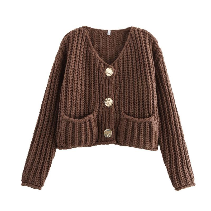24 Womens Fall Winter Street Fashion Crewneck Knit Cardigan Short Sweater With Metal Buttons