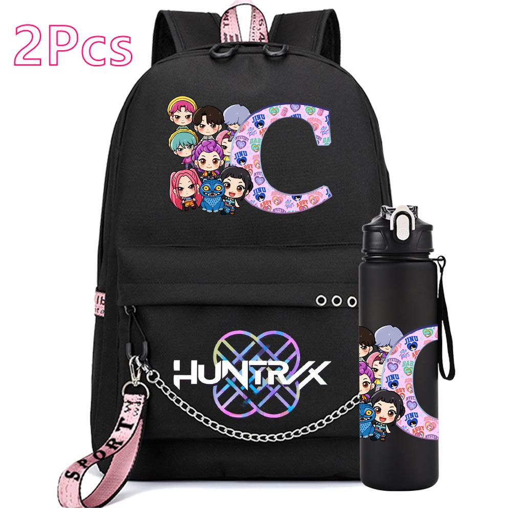 2Pcs/set 26 English Letter K-pop Printed Backpack with 750Ml Water Bottler for Teenager Girl Boy Bookbag Kid Gift Large Capacity Waterproof Travel Bag