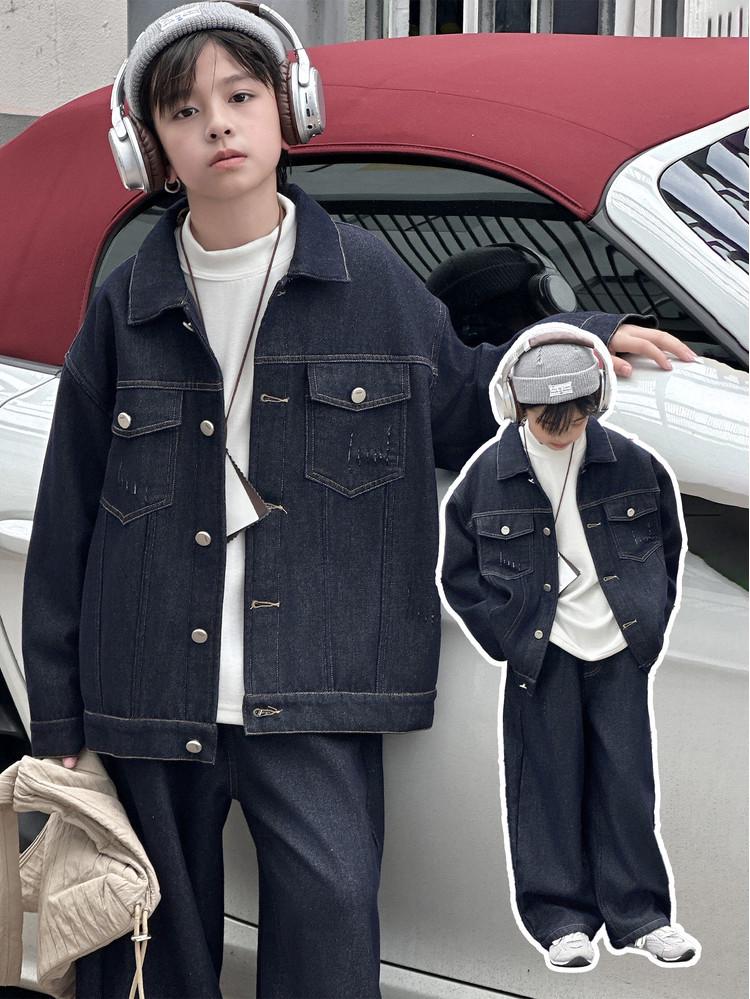 Boys' Preppy Style Denim Two-Piece: Warm Fleece-Lined Coat & Pants - 2025 Autumn/Winter Collection