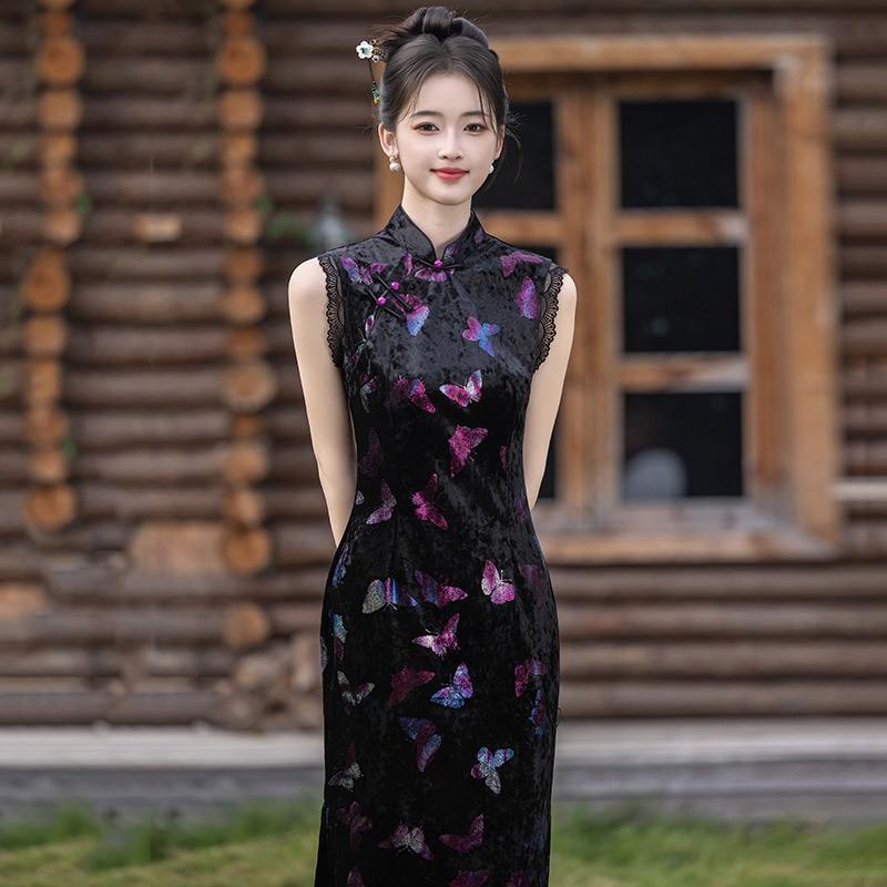 Long Sleeveless Velvet Cheongsam Dress Women Vintage Chinese Style Retro Elegant Daily Wear