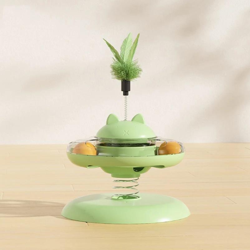 Interactive Cat Toy Track Ball Turntable with Feather Stick Food Leaking Puzzle Toy for Indoor Cats зелёный