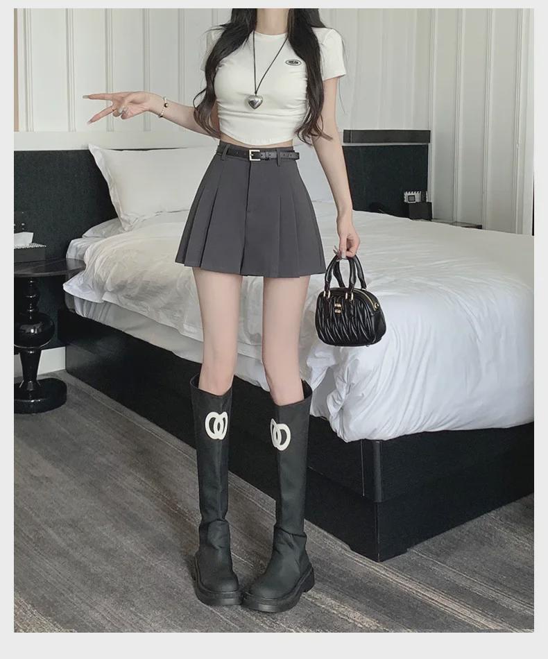 2024 Women's Summer High-Waisted Gray A-Line Skort: Slim, Loose, Pleated Shorts Skirt, Wide-Leg Design