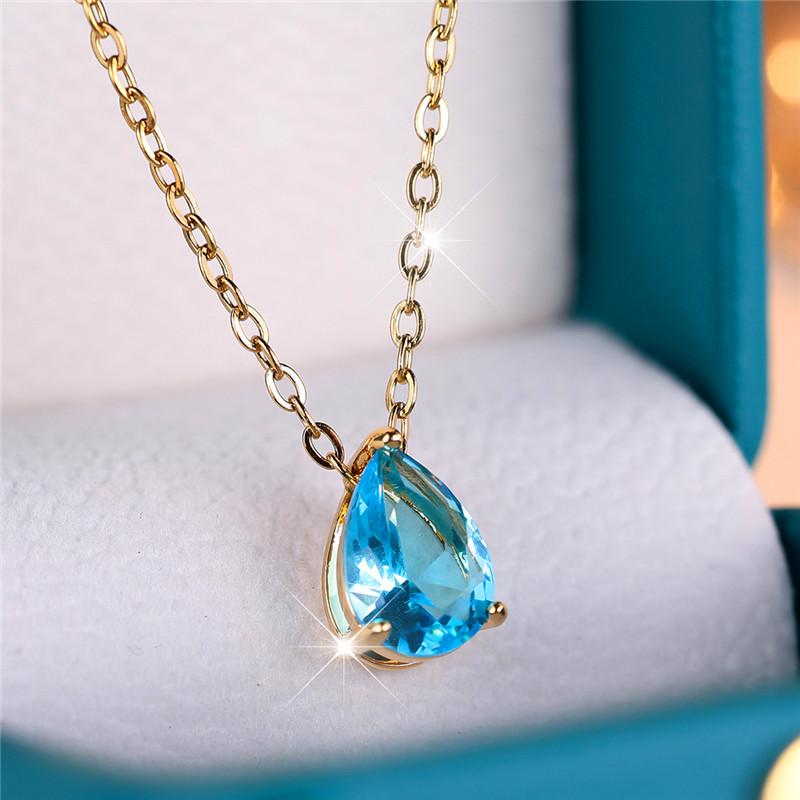 

Luxury Female Blue Water Drop Stone Pendant Necklace Yellow Gold Color Wedding Jewelry Gift For Women голубой воды