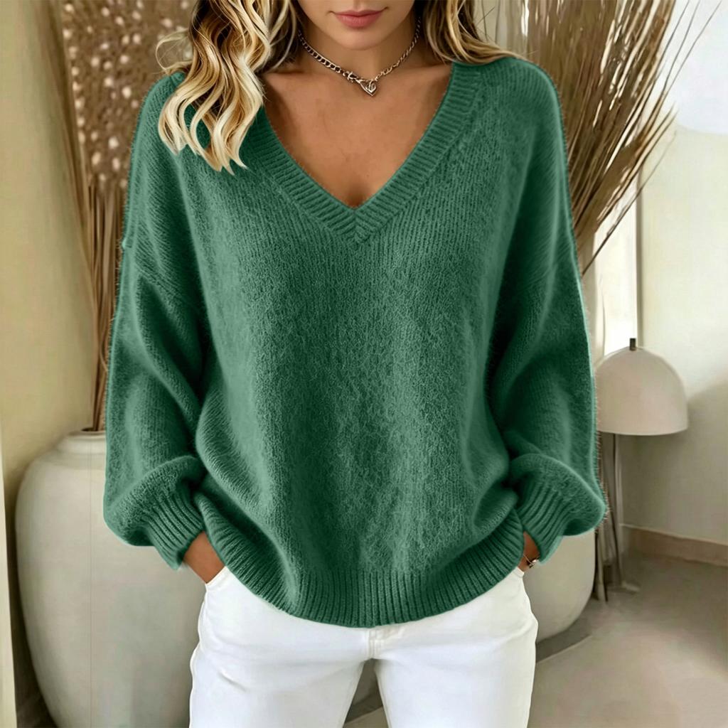Women's Fashion Color Neck Long Sleeve Loose Fit Pullover Knit Sweater Top