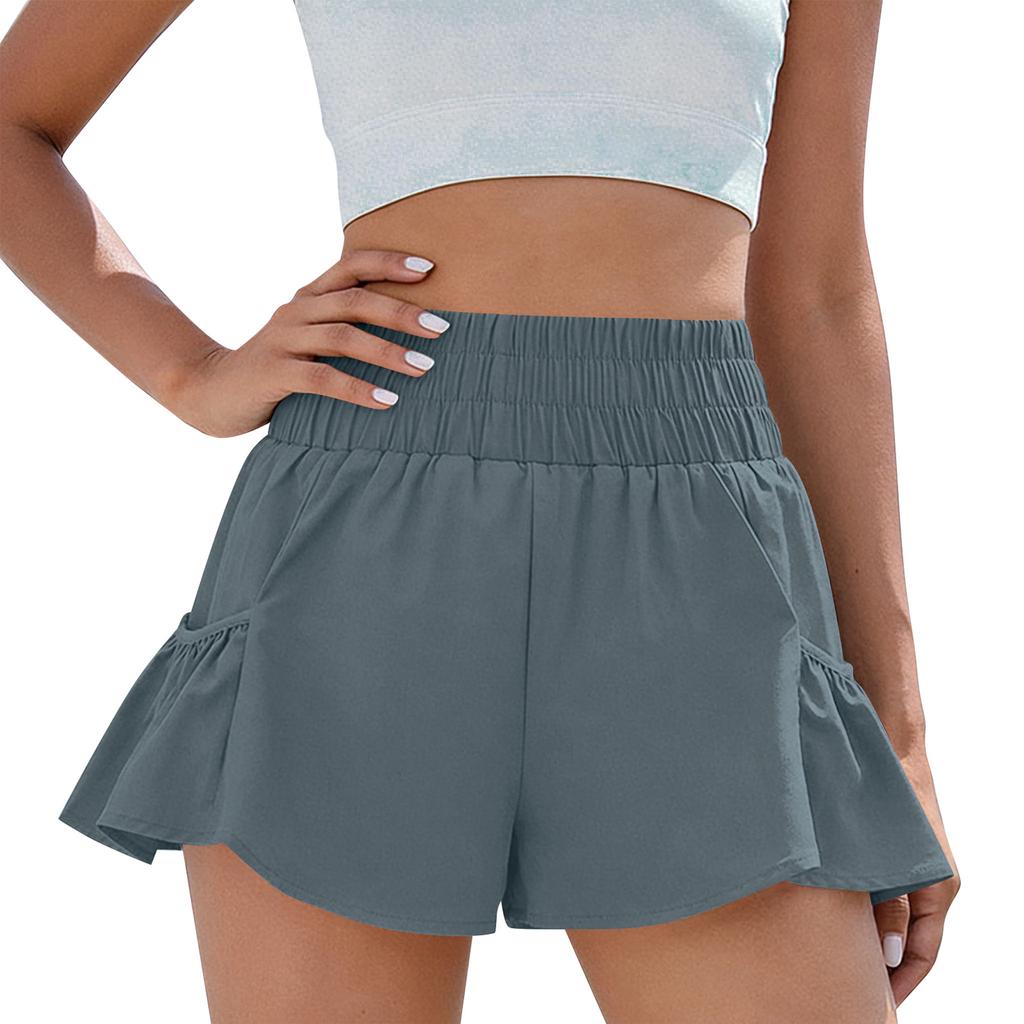 High Waist Ruffle Hem Shorts for Women with Elastic Waistband Loose Fit Summer Casual Flowy Bottoms with Pockets