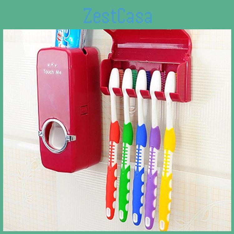 Automatic Toothpaste Dispenser And Toothbrush Holder Plastic Bathroom Organizer