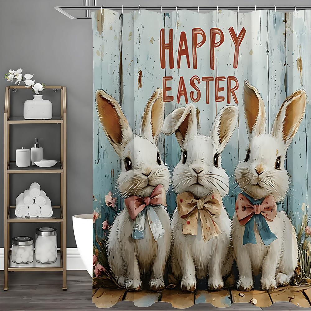 Happy Easter Shower Curtain, Cute Gentleman Bunny Egg Bow Decorative Shower Curtain, Spring Floral Wooden Shower Curtain with H