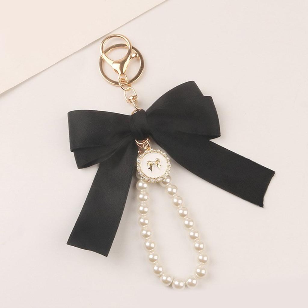 Elegant Pearl Chain Keychain with Large Ribbon Bowknot Pendant Stylish Keychain for Women and Girls Bag Decoration