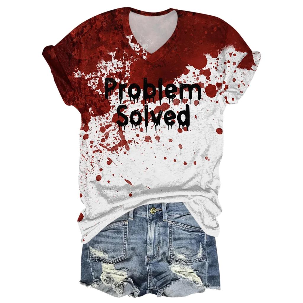 Summer New Fashionable Women's V-Neck Bloody Shirt Solves the Problem of T-Shirts and Interesting Halloween Blood Coats for Wome