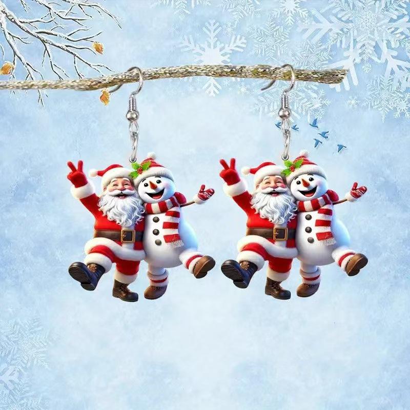 Santa Claus & Snowman Cartoon Earrings - Fun Holiday Acrylic Jewelry