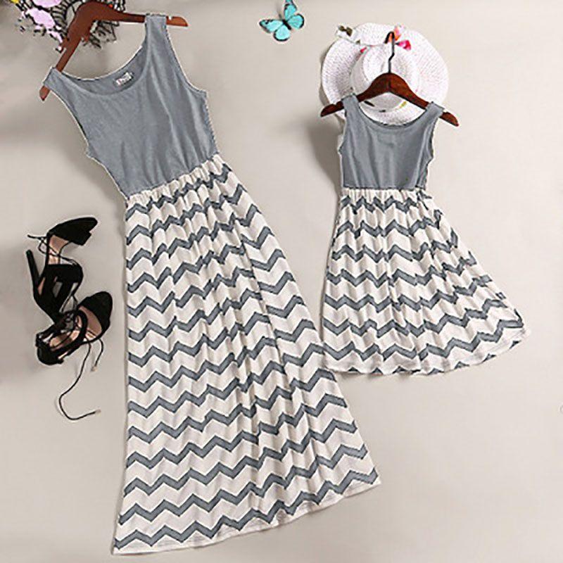 Stylish Mother And Daughter Fashion Casual Boho Stripe Maxi Matching Dress Outfits