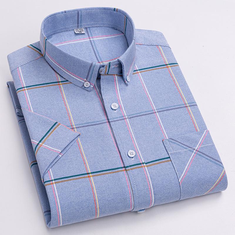Men Oxford Short Sleeve Summer Plaid Shirts 100% Cotton Breathable  Striped Male Clothes Business Regular Fit Short Shirts