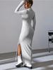 Women Sexy Knit V-neck Reverse Neck Split Dress Autumn Winter Full Sleeve Elastic Basic Body Sweater