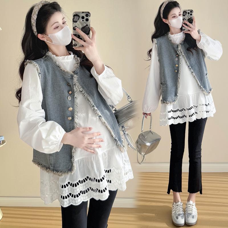 

Spring 2026 Tassel Denim Vest & Korean Lace Patchwork Shirt Two-Piece Set XLarge
