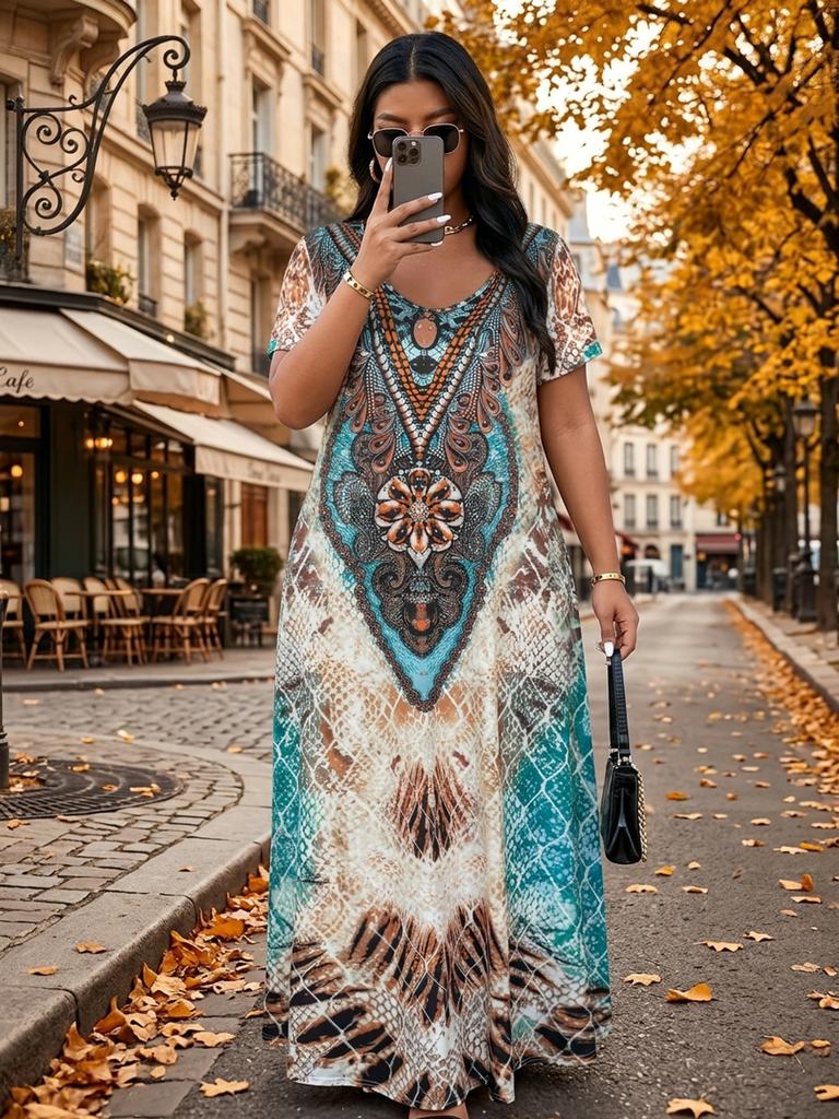 Plus Size Women's Holiday Style Round Neck Short Sleeve Long Dress