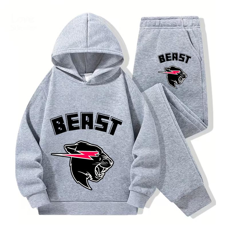 2026Autunno Casual Mr Beast Cartone Animato Bambini Ragazzi Ragazze Stampa Manica Lunga Felpa con Cappuccio in Pile Tuta Pantaloni Lunghi Festival Outdoor Uso Quotidiano