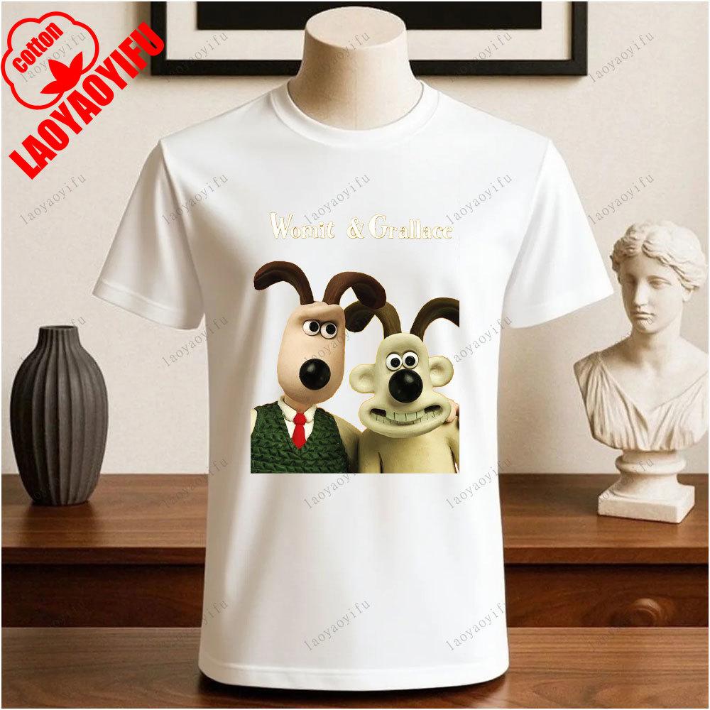 Wallace und Gromit Bedruckte T-Shirts Tops Cartoon und Anime Bedrucktes T-Shirt Sommer All-Match Mode Baumwoll-T-Shirt