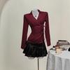 Women's Point Collar Long Sleeve Blouse Fitted Elegant Wrap Tie Side Casual Top
