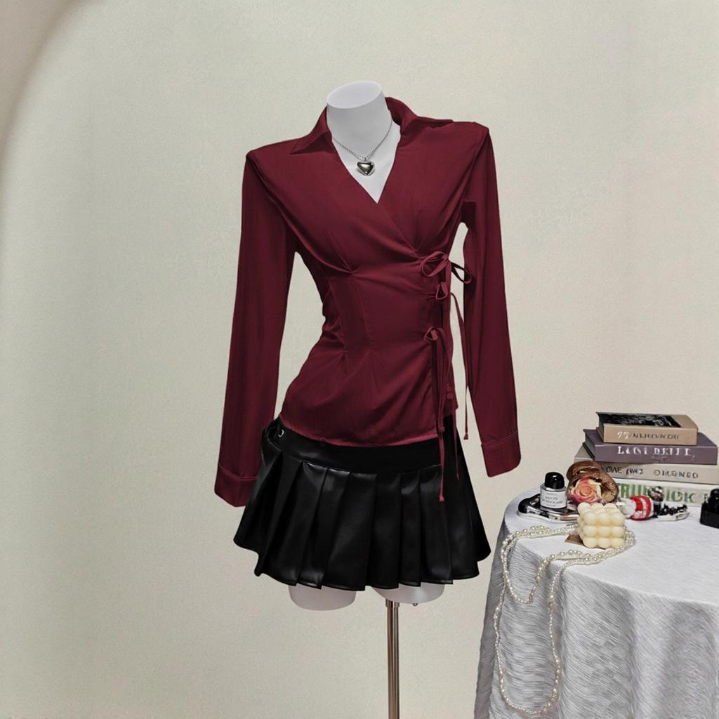 Women's Point Collar Long Sleeve Blouse Fitted Elegant Wrap Tie Side Casual Top
