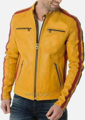 Motorcycle Biker Genuine Lambskin Leather Handmade Casual Yellow Men's New Jacket
