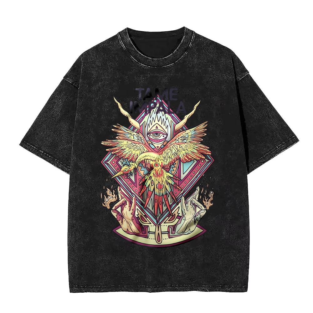 VintageWashed  Pop Rock Band Tame Impala Currents Graphic Print T Shirts Men Women Casual Cotton Oversized Short Sleeve Tshirt