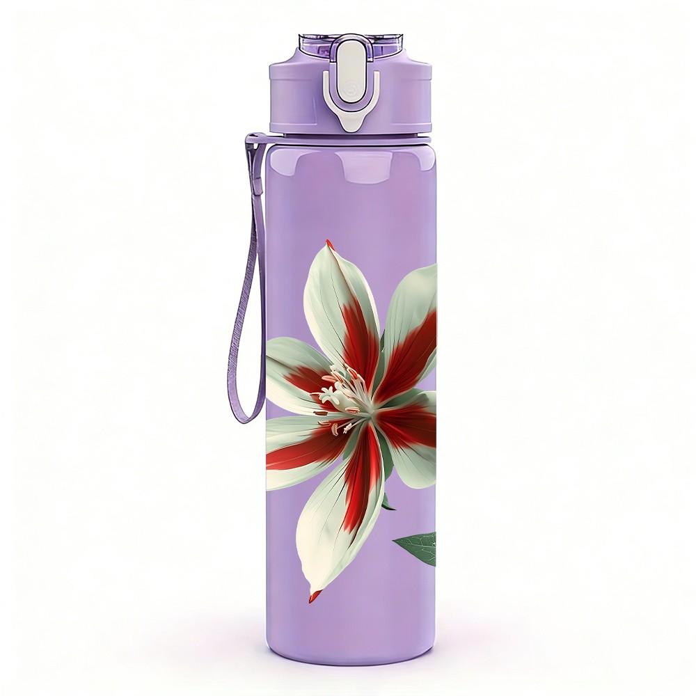 1PC Red White Lily Single Flower Print 750ml Color Plastic Sports Water Bottle Leakproof Flip Straw Lid Suitable for Sports Office Home Use