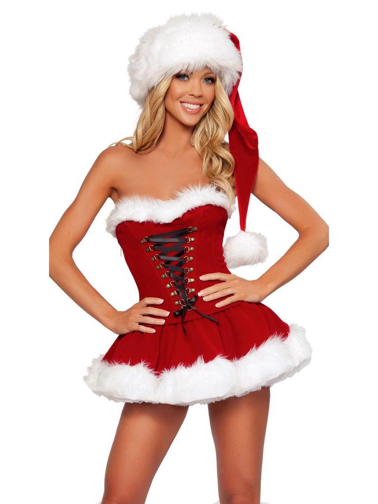 Red Strapless Christmas Mini Skirt with White Fur Trim - European & American Holiday Party Costume
