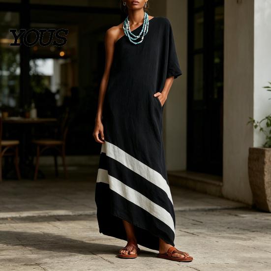 Women Casual Dress One Shoulder Maxi Dress, Color Block Loose Solid Long Summer Beach Vacation Flowy Sundress with Pockets Elegant
