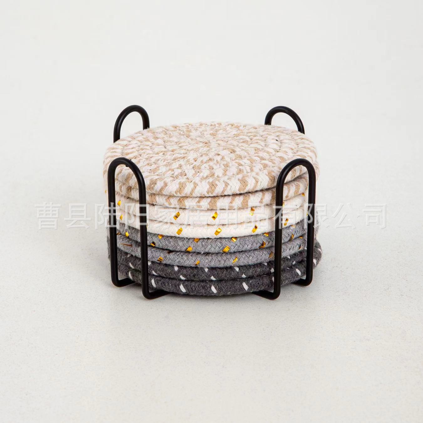

8pcs Set Nordic Style Cotton Rope Woven Insulation Placemat Cotton Thread Rope Anti Scald Mat Round Coaster with Storage Rack 8Pcs with rack