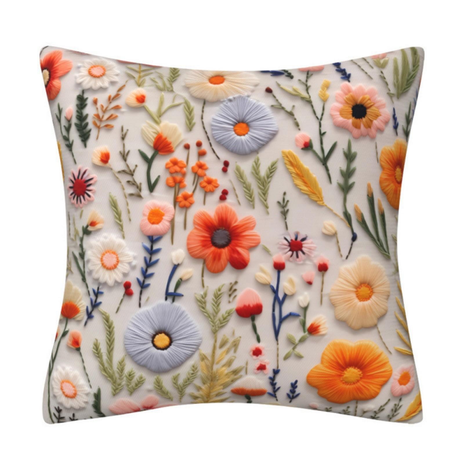 

Breathable Linen 3D Embroidered Floral Decorative Throw Pillow Cover Sofa Cushion Case Digital Printing 45x45cm One Size