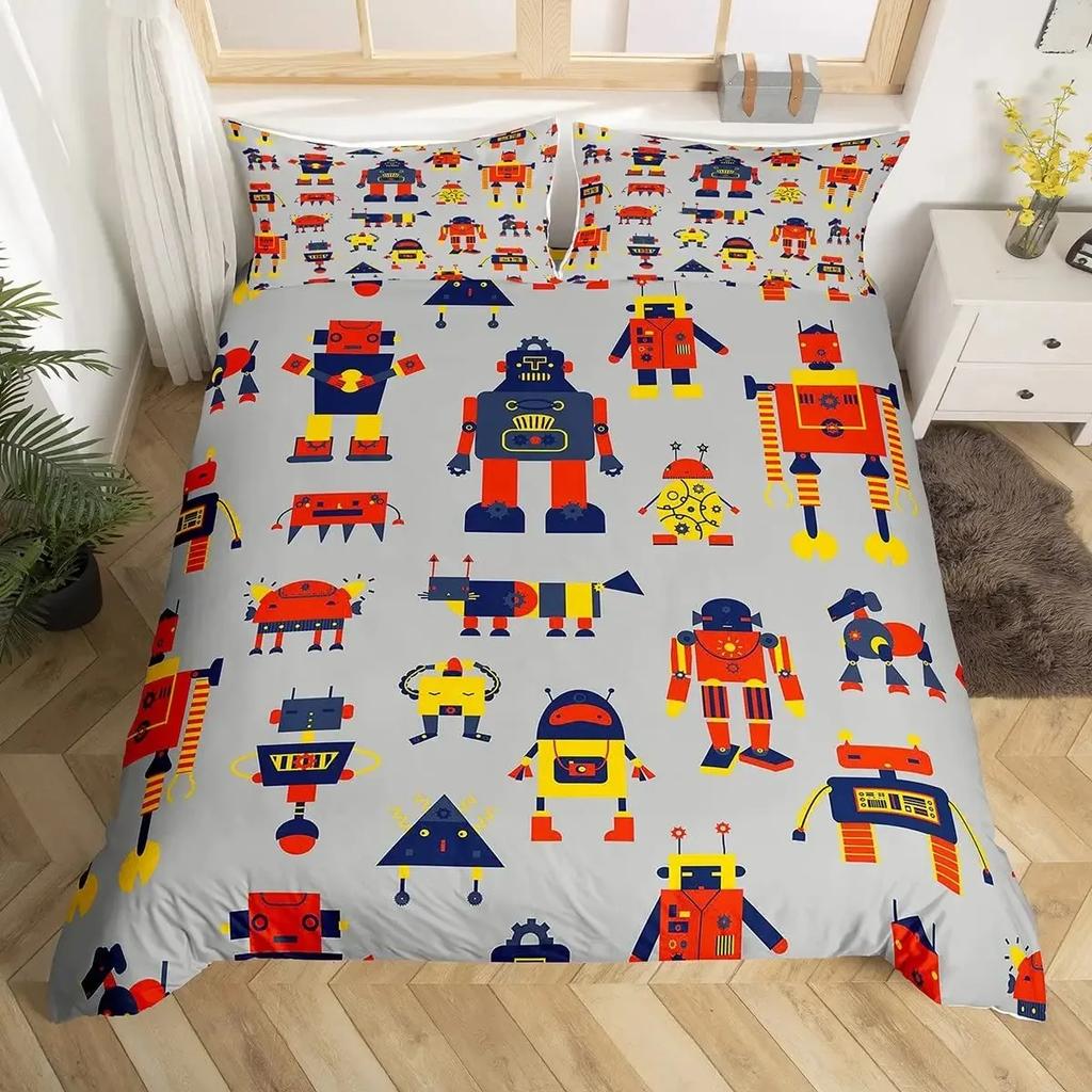 Robot Duvet Cover Set Boys Girls Watercolor Robot Quilt Cover Modern Cartoon Super Robot Pattern Bedding Set Comforter Cover Set