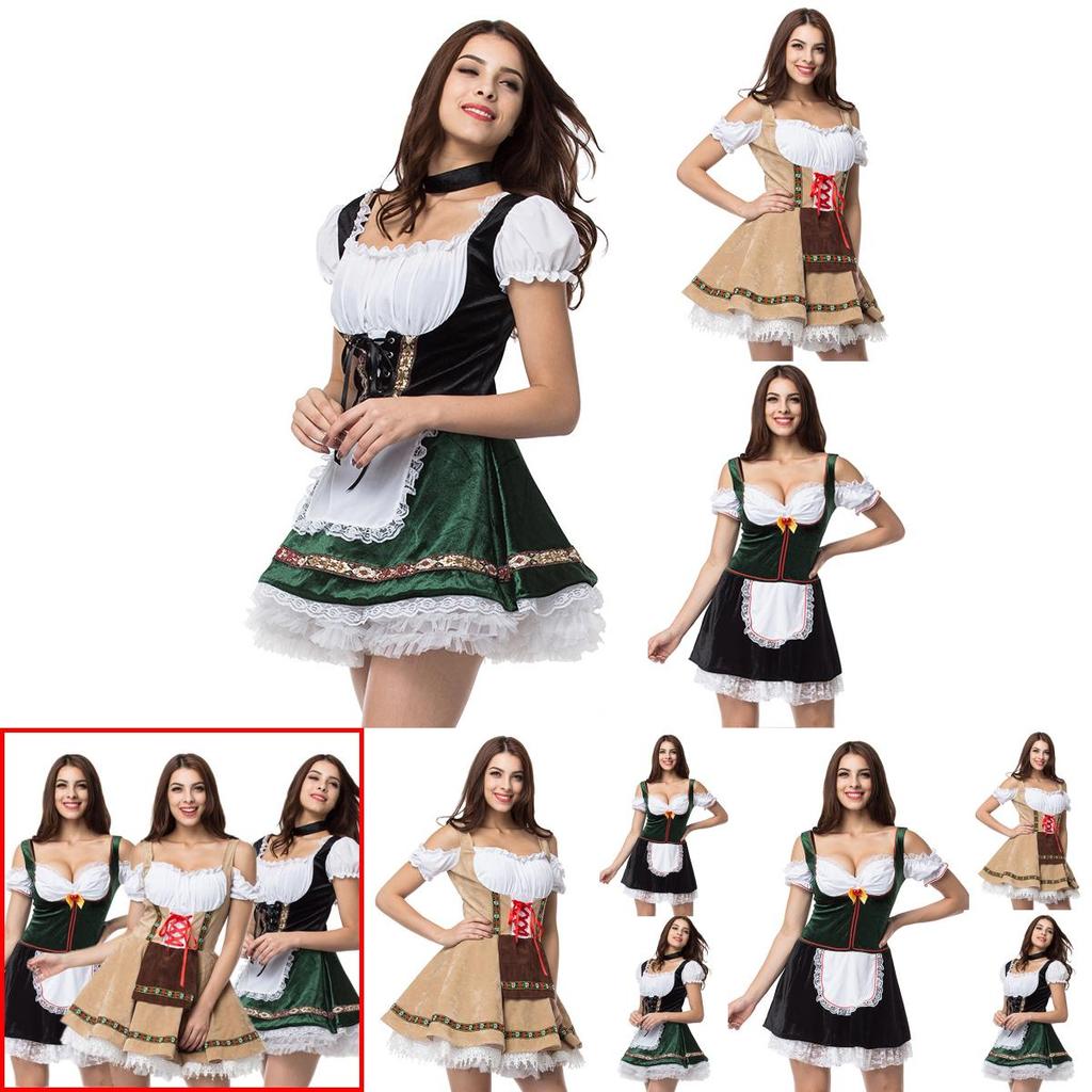 Charming Green V Neck Dirndl Costume Featuring Lace Design Ideal For Oktoberfest Events